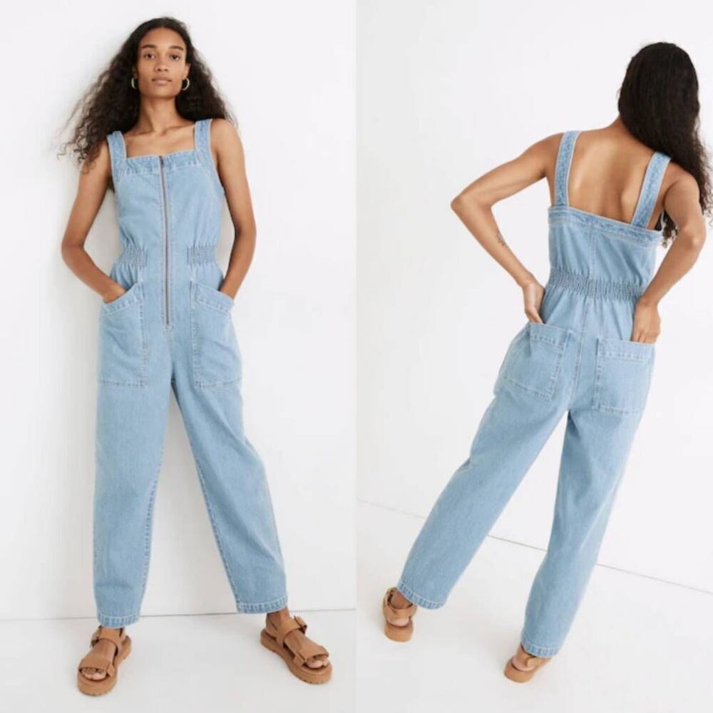 Madewell Denim Zip Smock-Waist Jumpsuit in Baisley Wash XS $138